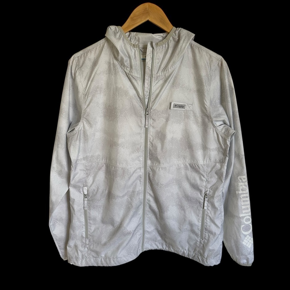 Columbia PFG Womens Medium Lightweight Zip Up Rain Jacket Windbreaker Gray Camo